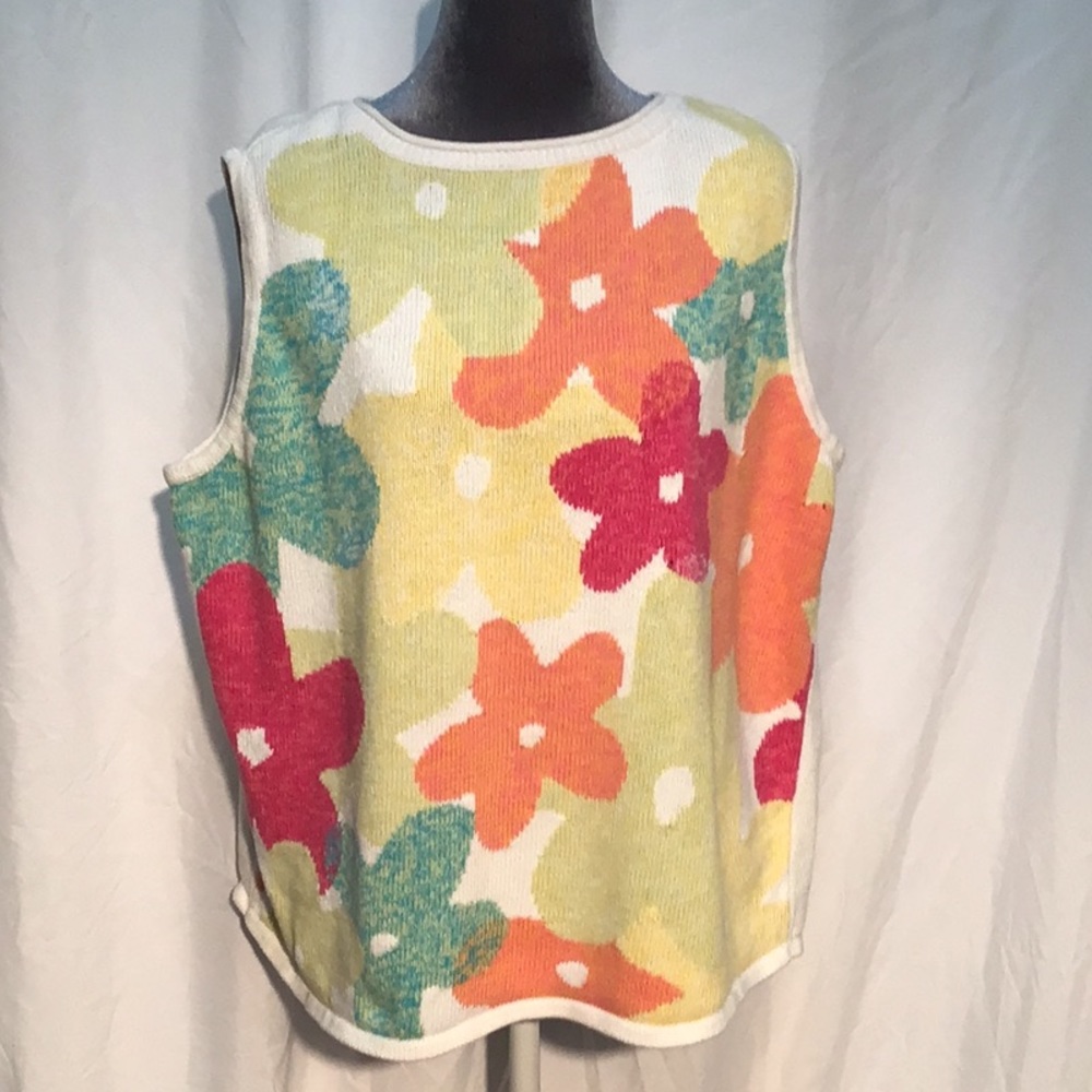 Floral Sleeveless Knit Sweater Vest - Cream with Multicolor Flowers